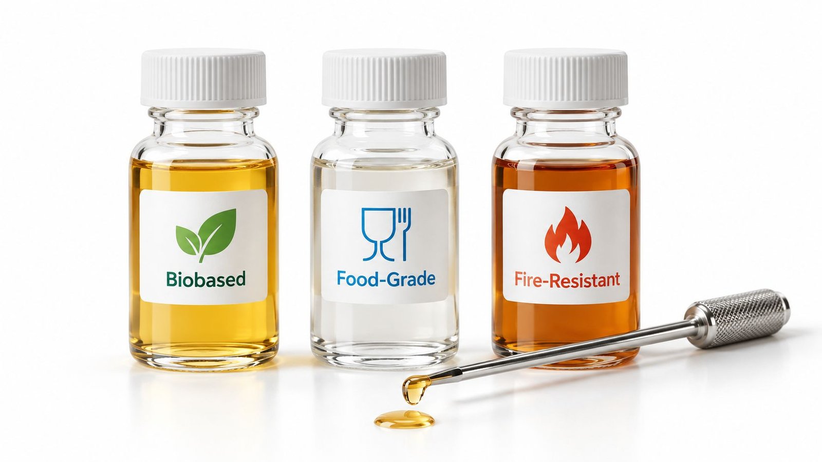 Three glass vials showing biobased, food-grade, and fire-resistant fluids with a metal dropper on a white background.