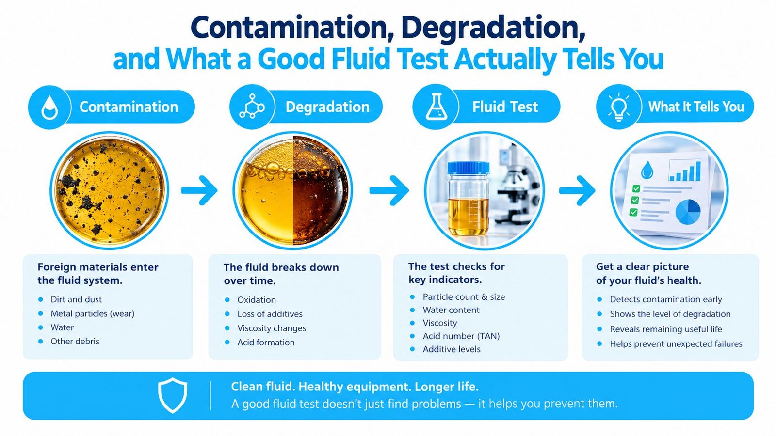An infographic illustrating how contamination and degradation affect machinery fluids and the benefits of regular fluid testing.