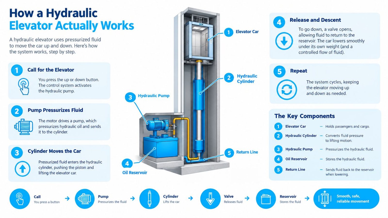 A diagram illustrating the step-by-step process of how a hydraulic elevator uses pressurized fluid to lift and lower.