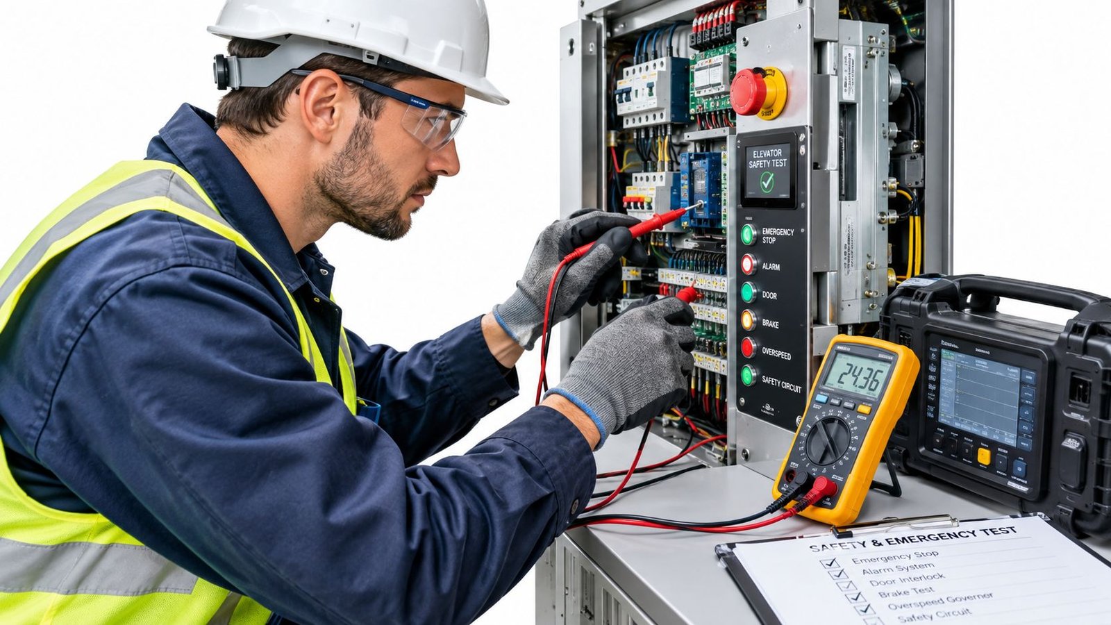 An elevator technician wearing safety gear inspects electrical control panel wiring using a multimeter during a safety test.
