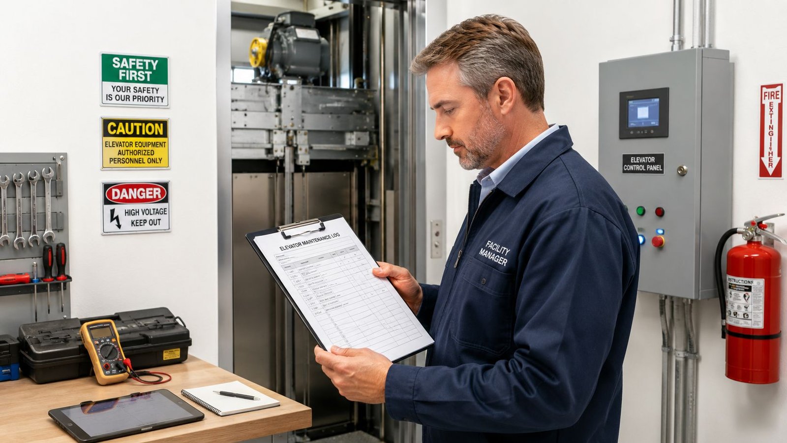 A professional facility manager reviews an elevator maintenance log inside a mechanical room with safety signs.