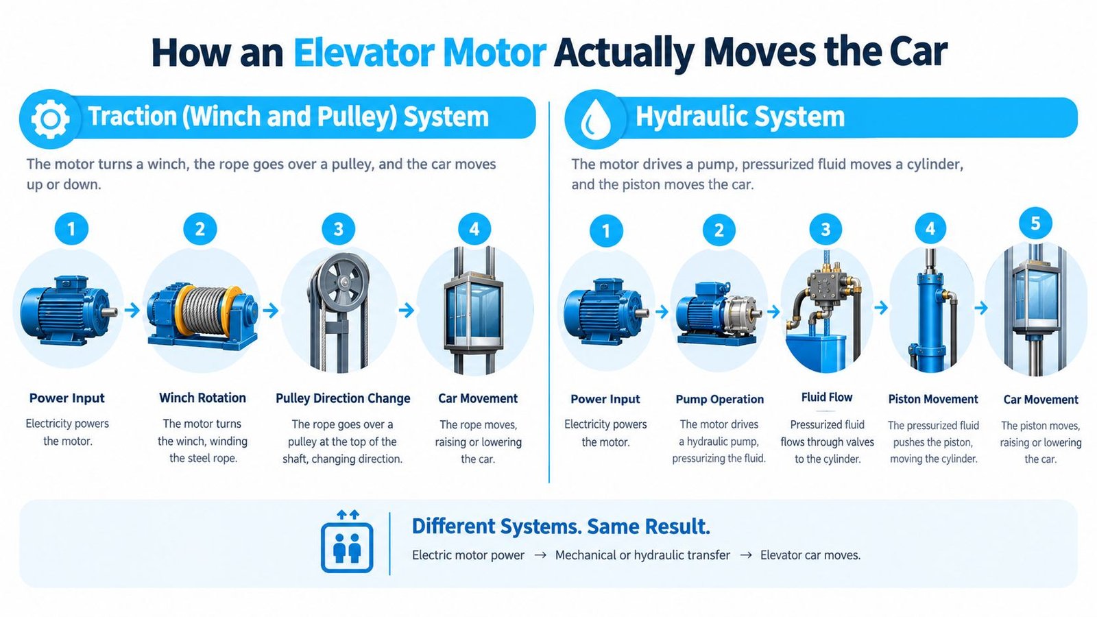 A diagram comparing the functional processes of traction and hydraulic elevator motor systems side by side.