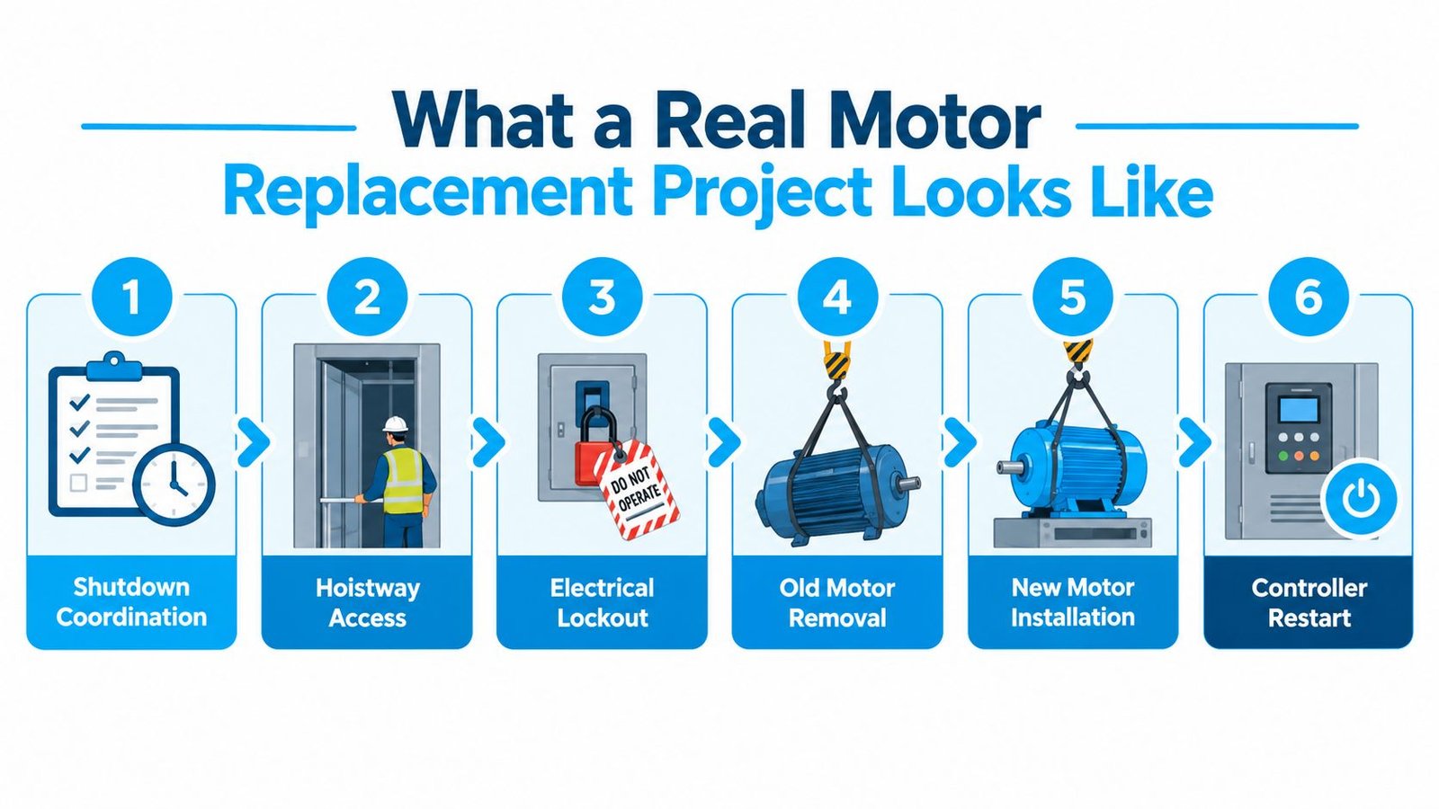 A six-step infographic detailing the professional process of replacing an industrial elevator motor.