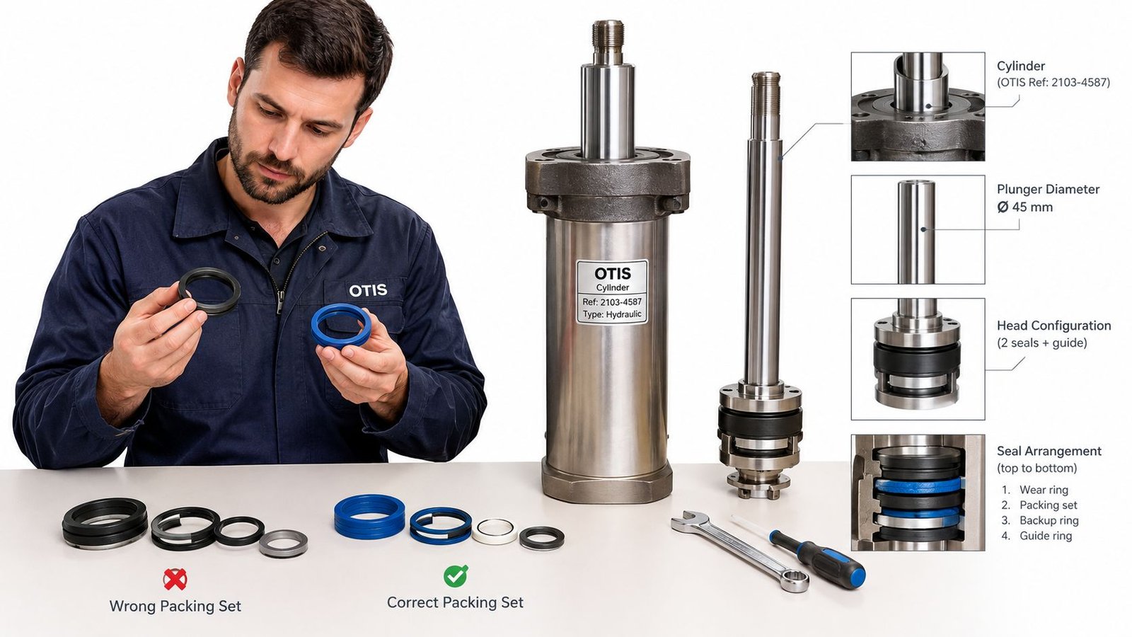 A technician compares incorrect and correct hydraulic cylinder packing sets for an Otis elevator system maintenance task.