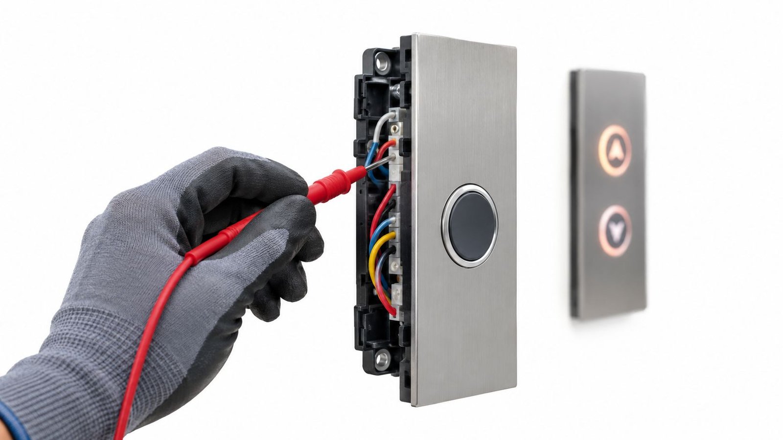 A gloved hand uses a multimeter probe to test electrical wiring inside an elevator push button panel.