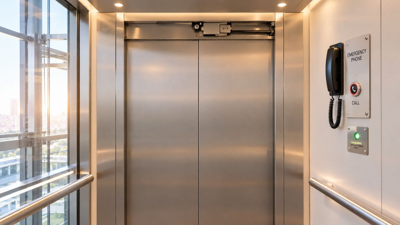 A bright modern elevator interior featuring stainless steel doors and an emergency phone on the side wall.
