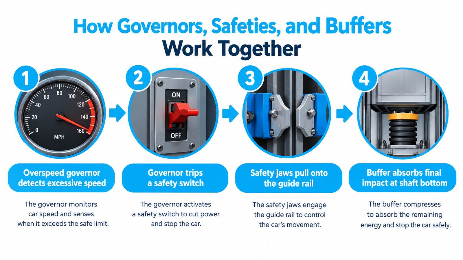 A four-step infographic illustrating how elevator safety devices like governors, safeties, and buffers prevent accidents.
