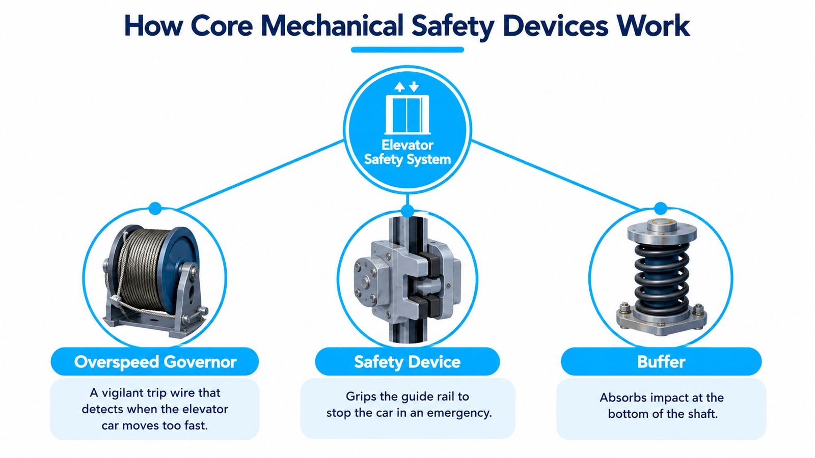 A diagram illustrating three core mechanical safety devices for elevators: overspeed governor, safety device, and buffer.