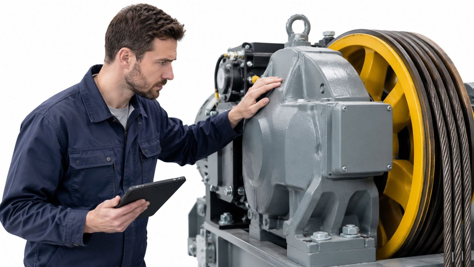 A professional elevator technician inspecting an industrial machine with a digital tablet while wearing a work uniform.