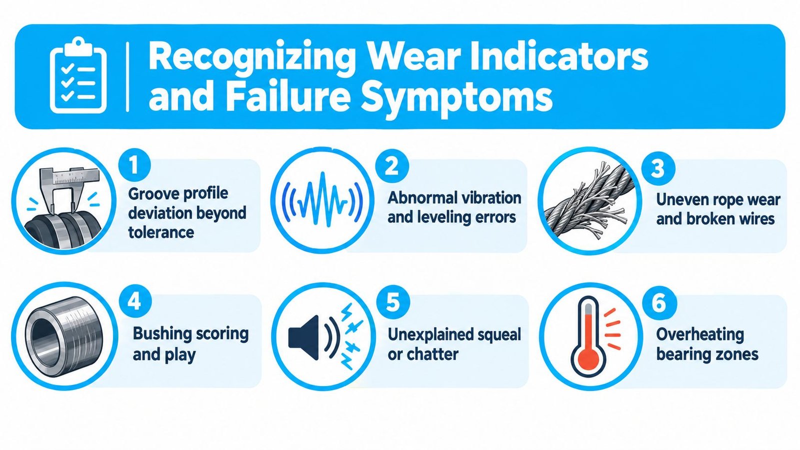 A diagram outlining six common wear indicators and failure symptoms for industrial elevator sheaves and bushings components.