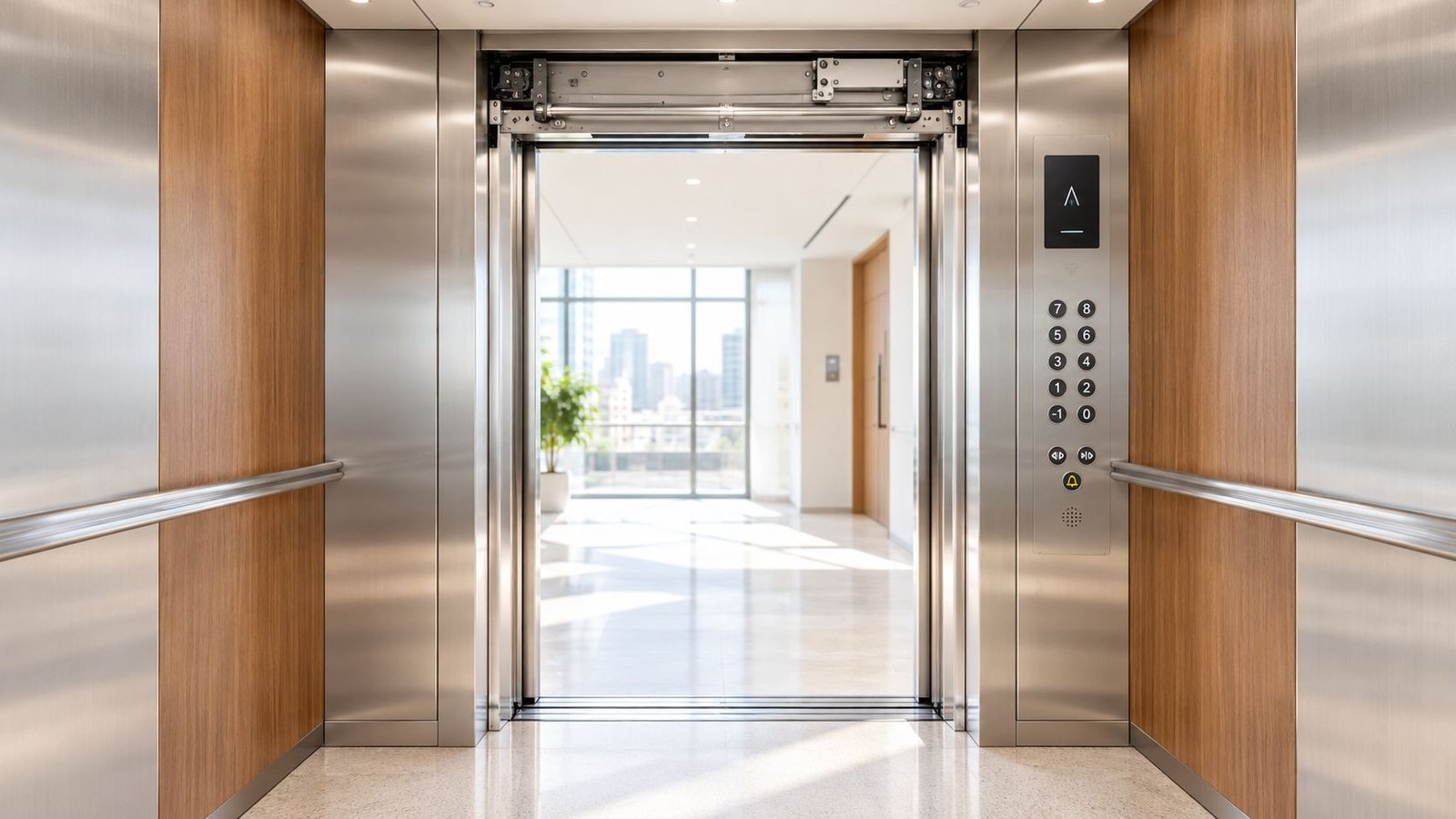 Open elevator doors revealing a bright office corridor with large windows overlooking a city skyline.