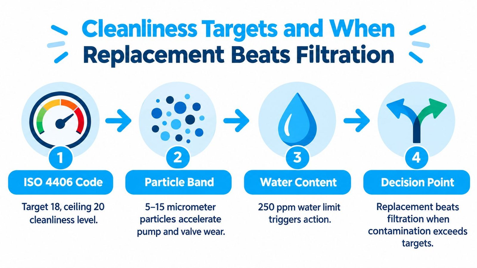 A diagram illustrating hydraulic fluid cleanliness targets and guidelines for determining when to replace oil versus filtration.
