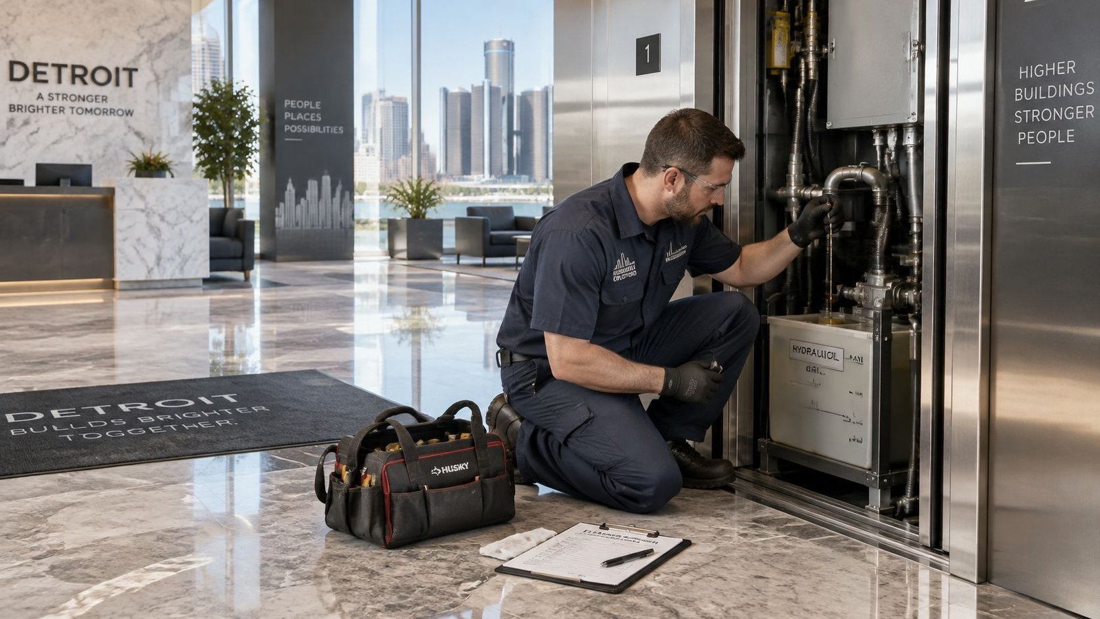 A professional technician kneeling to perform hydraulic elevator oil maintenance work in a modern building lobby.