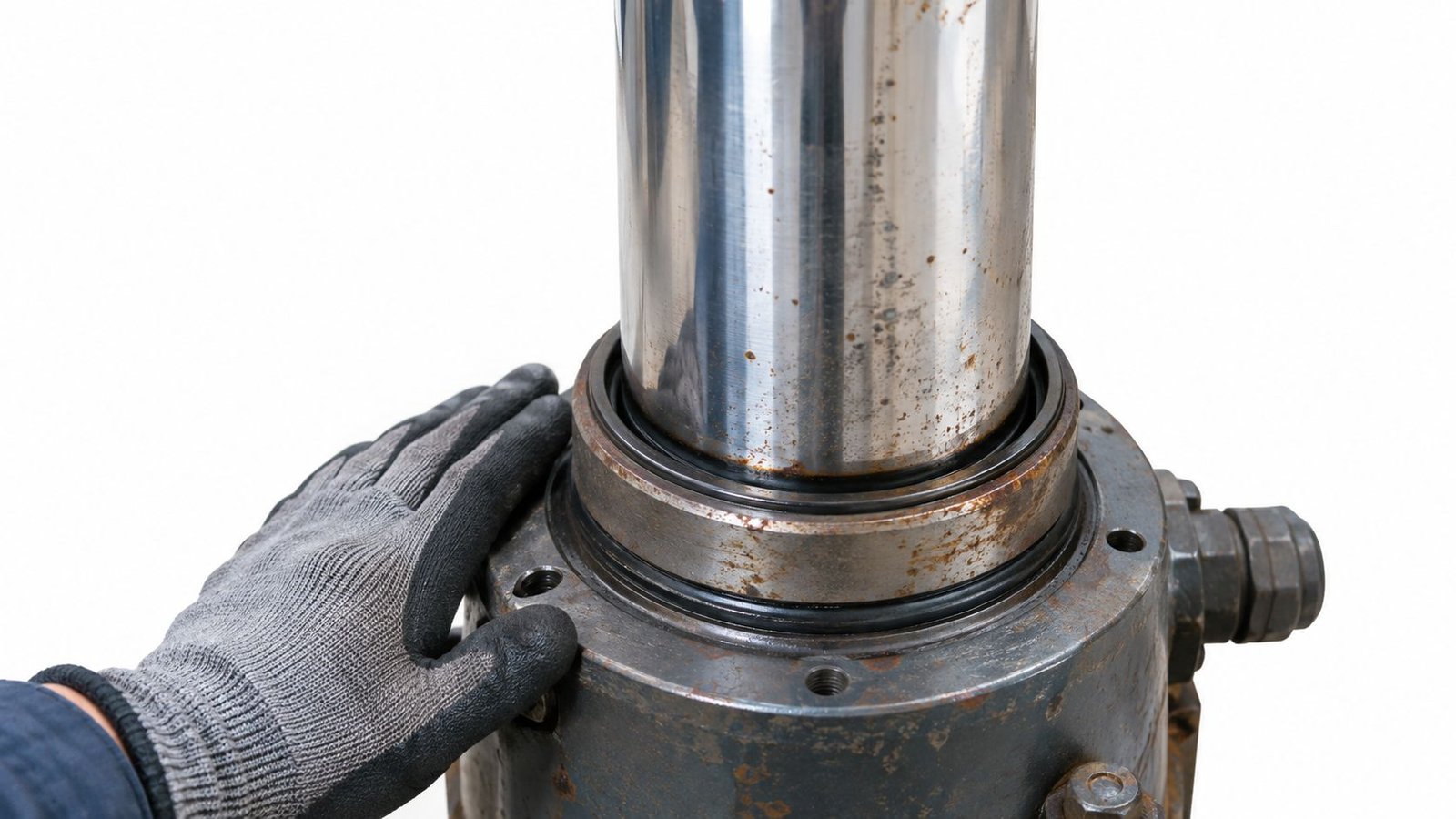 A gloved hand inspecting the worn seals of a large industrial hydraulic elevator cylinder component close-up.
