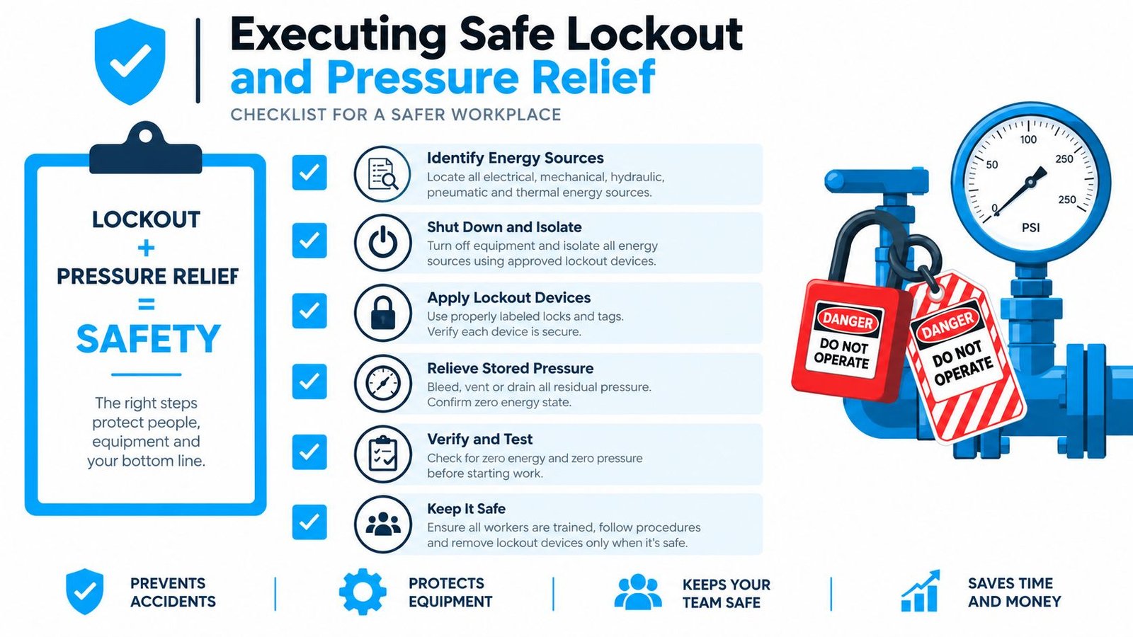 A safety checklist infographic illustrating proper procedures for lockout and pressure relief on industrial machinery systems.