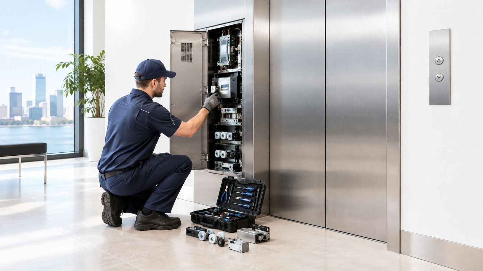 An elevator technician in uniform repairs an open control panel next to modern elevator doors in a lobby.