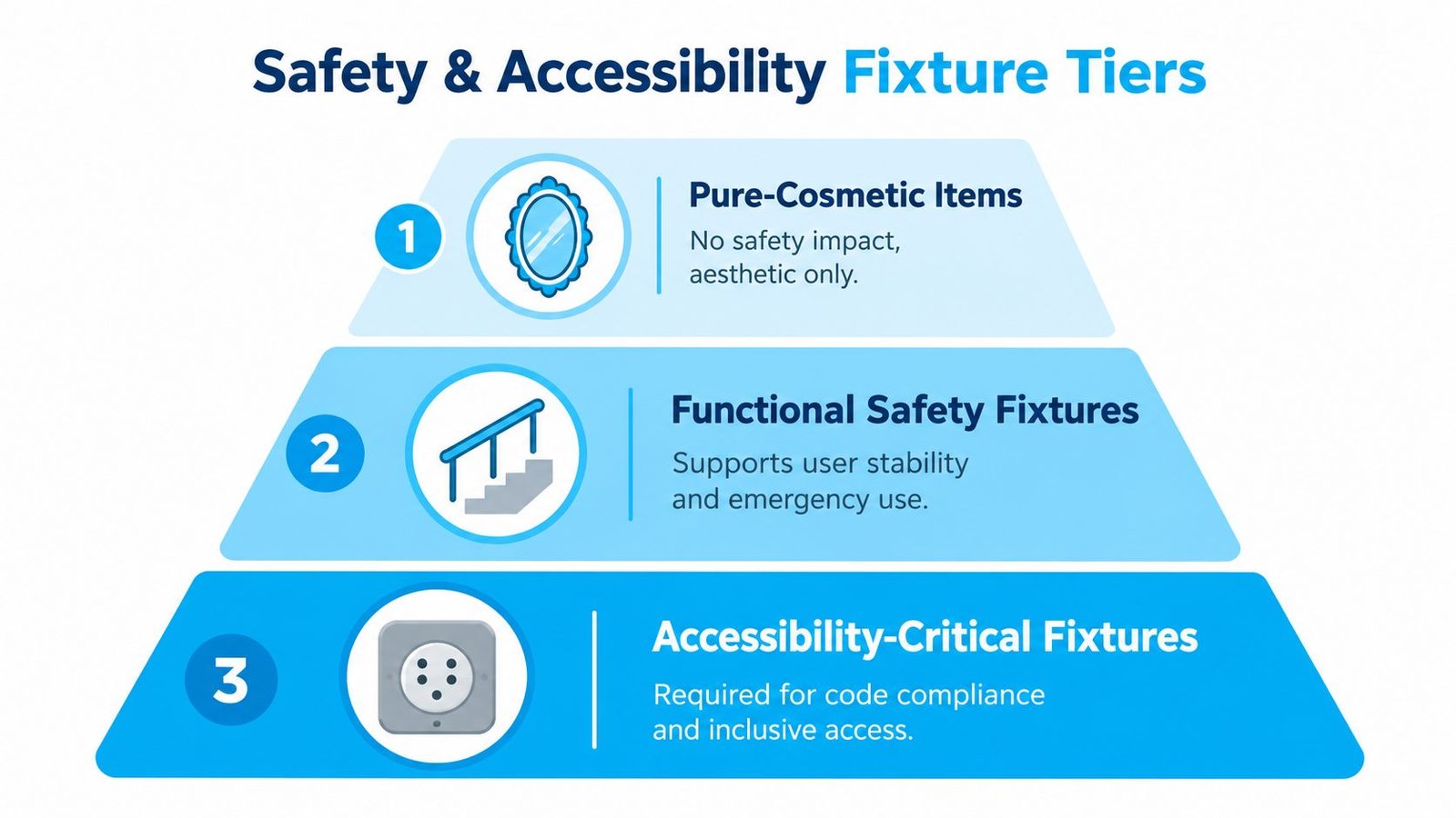 A tiered diagram illustrating three levels of safety and accessibility standards for various building fixtures.