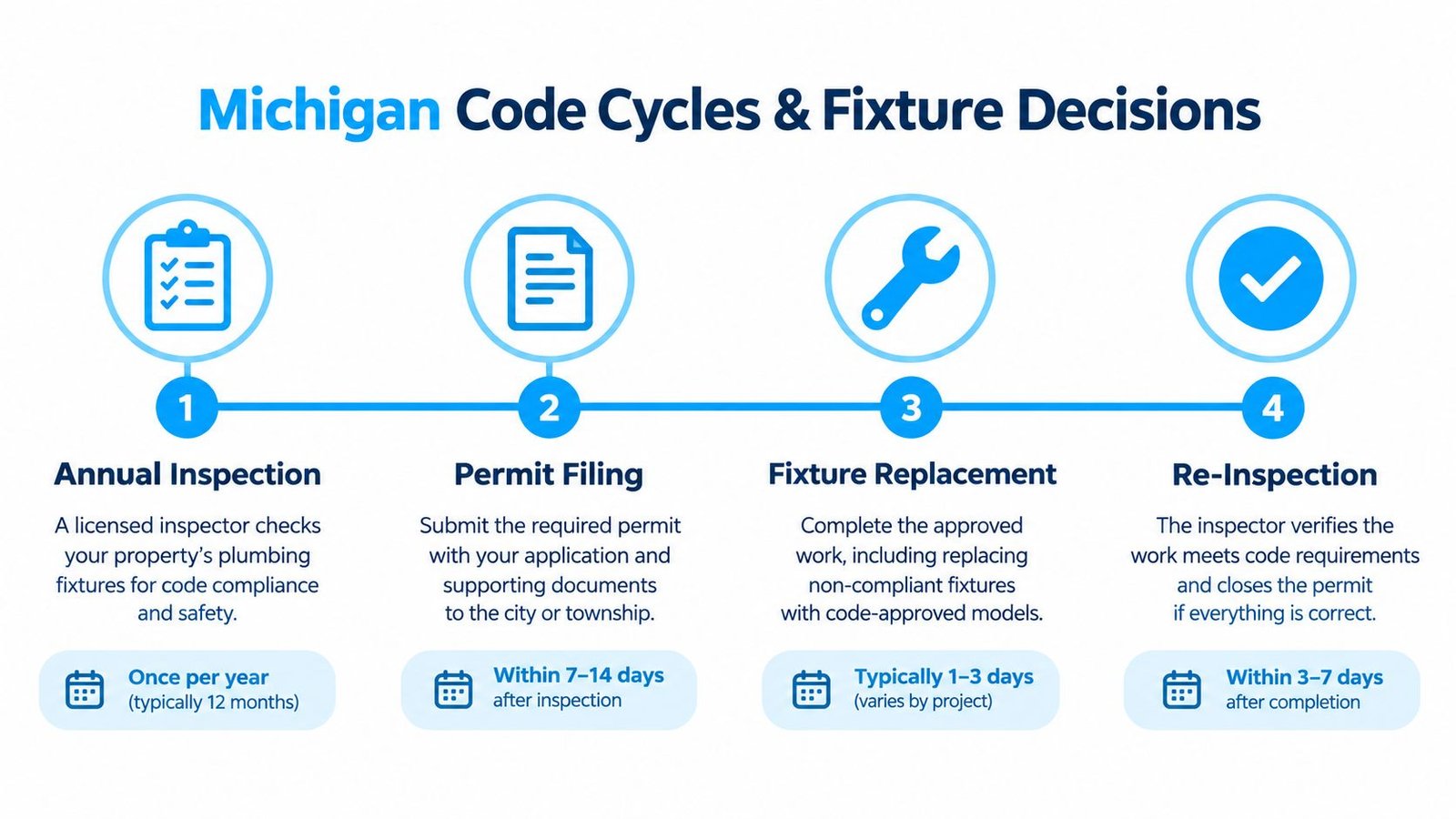 A four-step infographic illustrating the Michigan plumbing fixture code compliance process, from annual inspection to re-inspection.