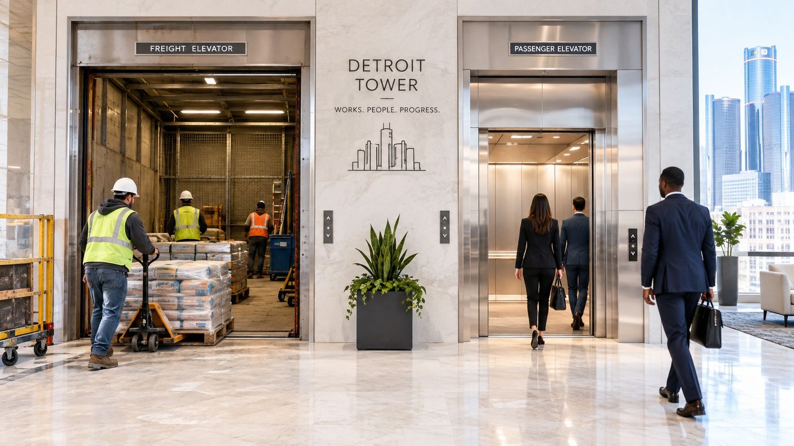 A split view of a professional office lobby showing construction workers using a freight elevator and office staff using a passenger elevator.