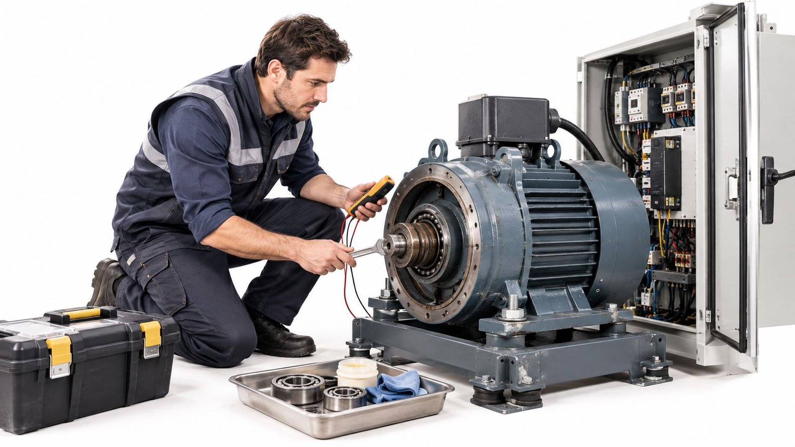 A technician using a multimeter and wrench to repair an industrial electric motor for an elevator system.