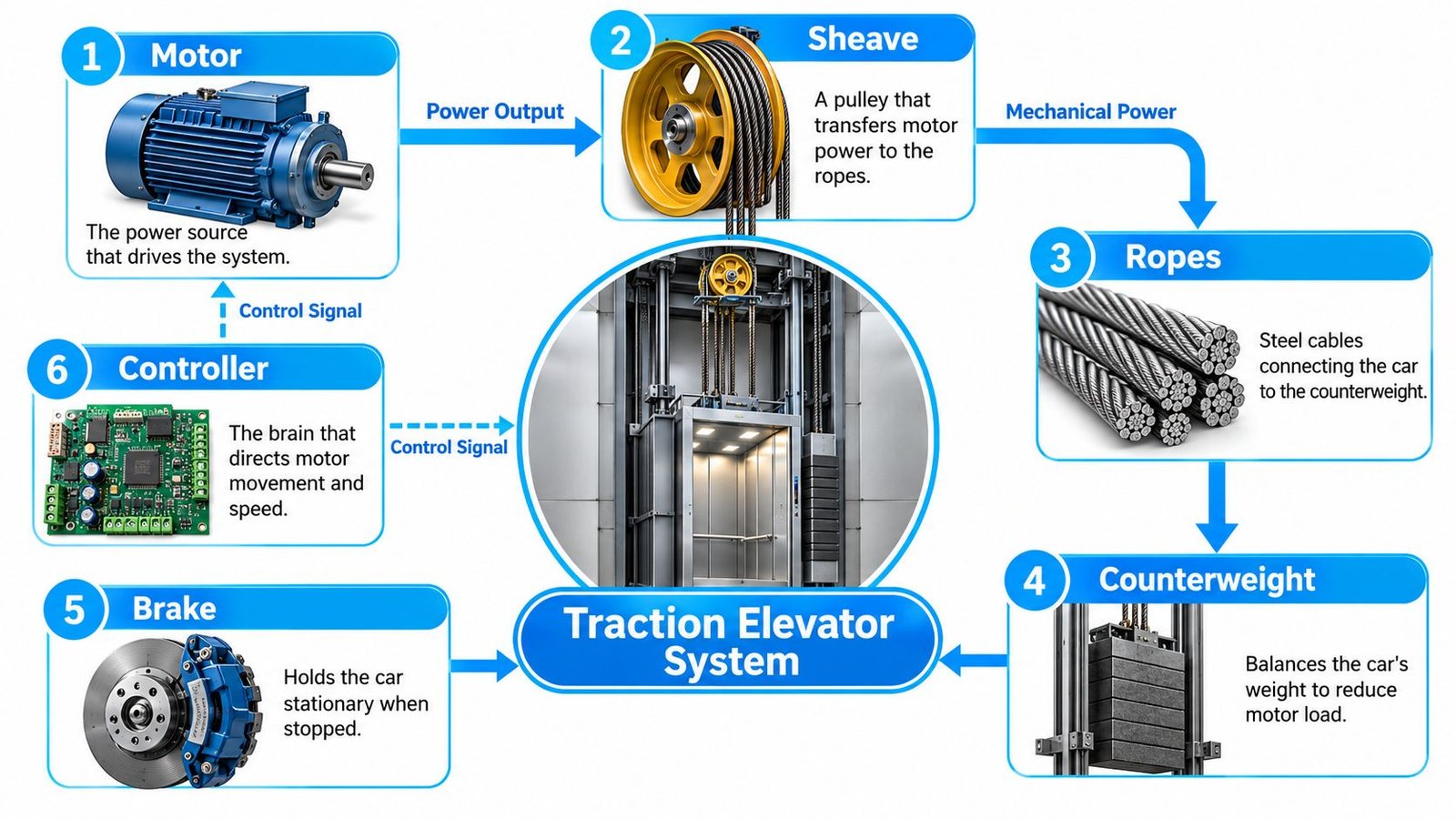 A diagram illustrating the components and working principle of a traction elevator system with numbered labels.