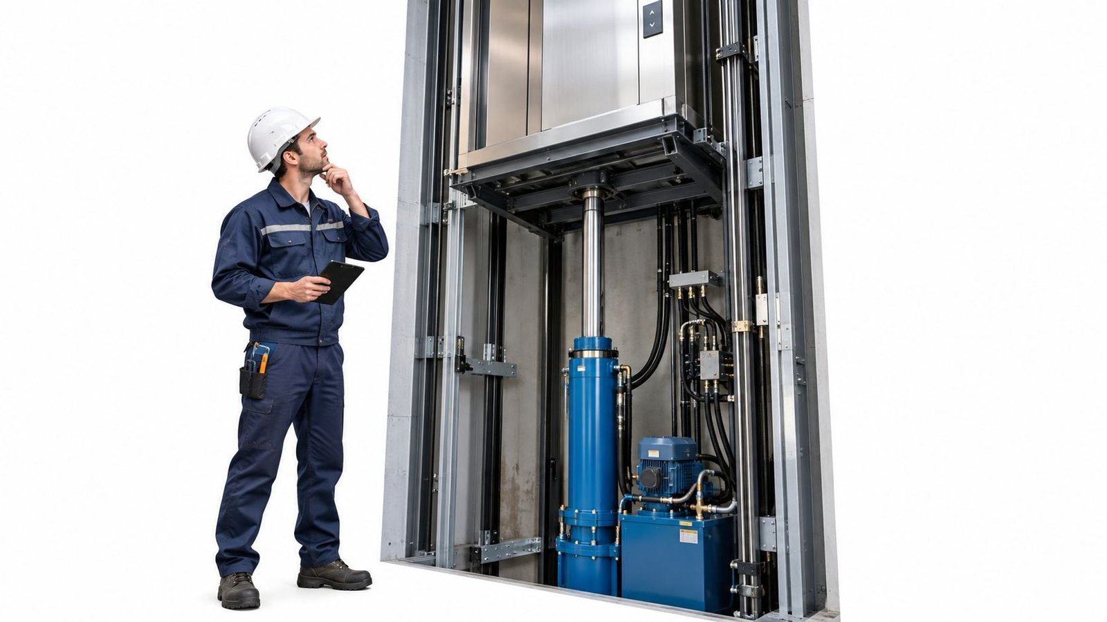 A professional elevator technician inspecting the hydraulic lift system of a commercial elevator installation on site.