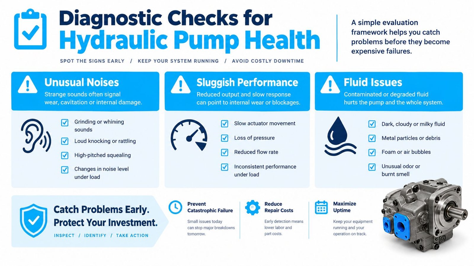 An infographic detailing common diagnostic checks for hydraulic pump health, including noise, performance, and fluid quality indicators.