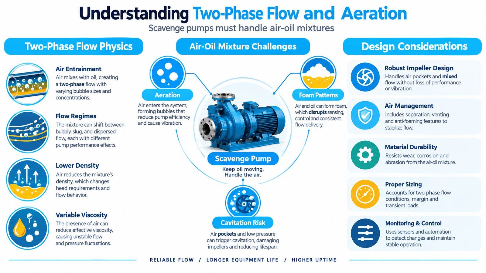 A technical infographic explaining the mechanics, challenges, and design considerations for industrial oil scavenge pumps handling air-oil mixtures.