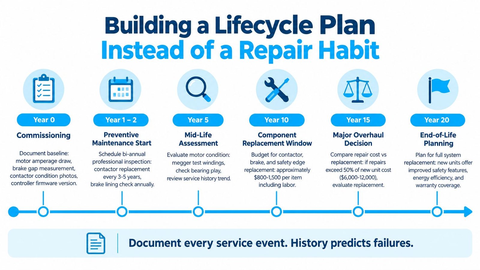 An infographic detailing a 20-year lifecycle maintenance plan for mechanical equipment, starting from commissioning to end-of-life.